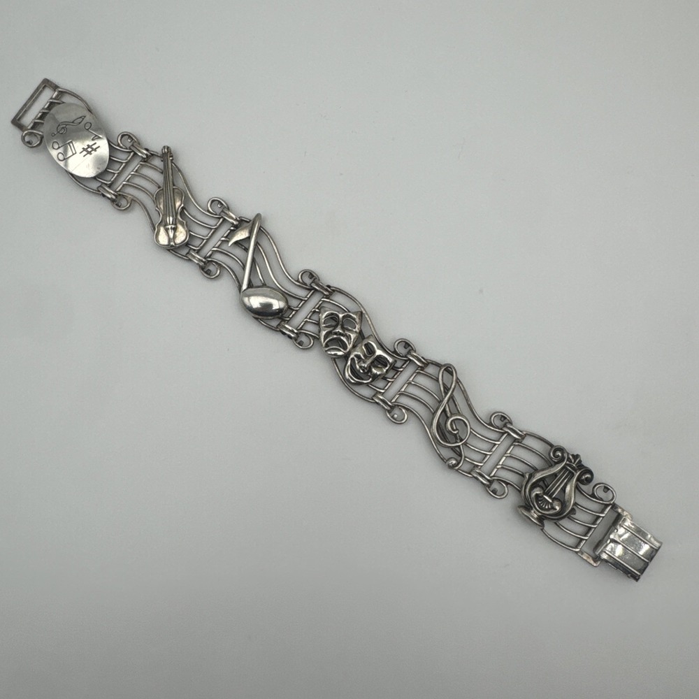 Beau Sterling Silver Bracelet Music Art Theater Ballet Vintage Charms 18 grams